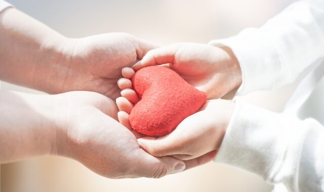 子供と大人で支えるハートのイメージ